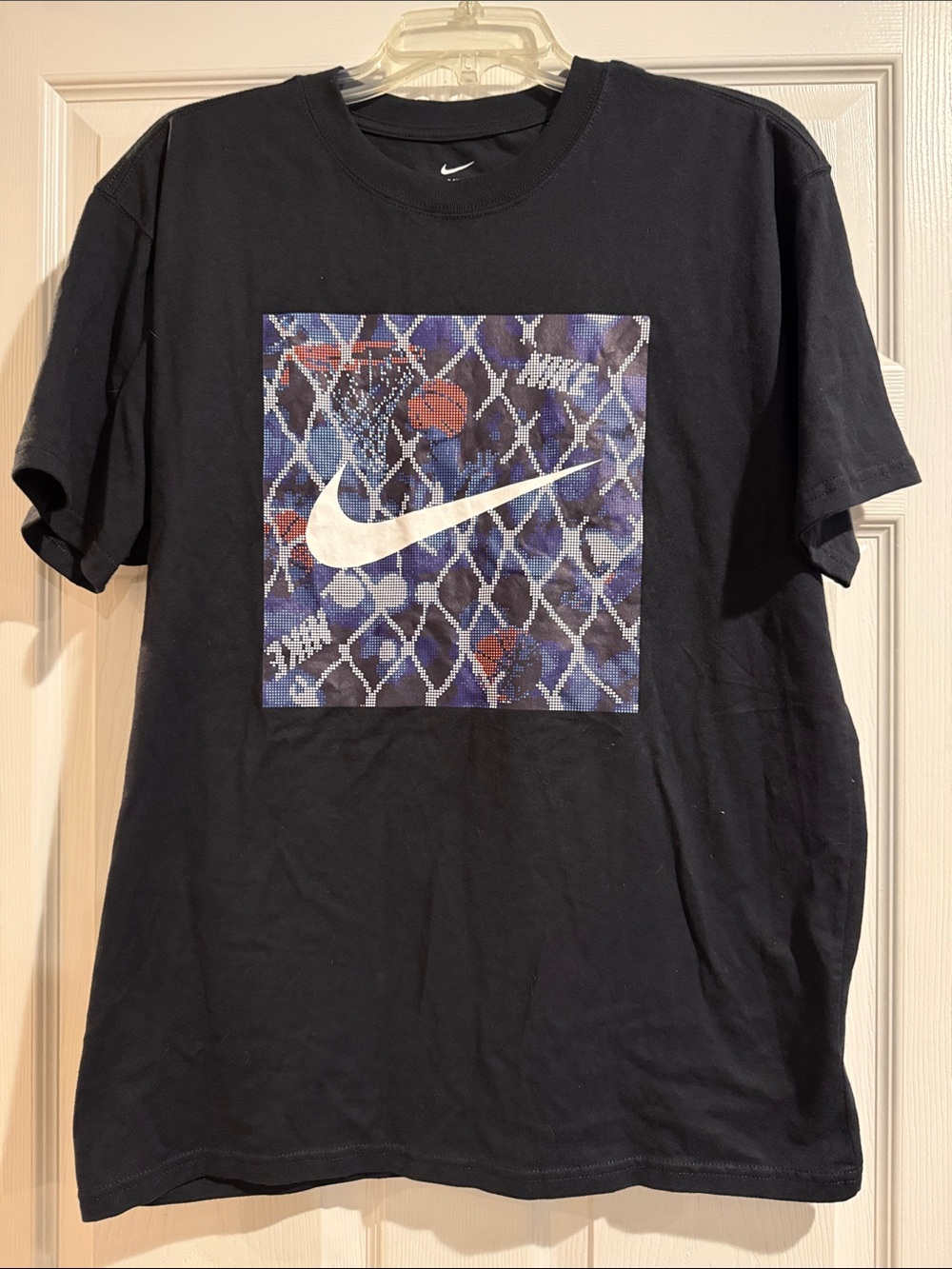 Nike Black Tee with White Swoosh and Blue Graphic